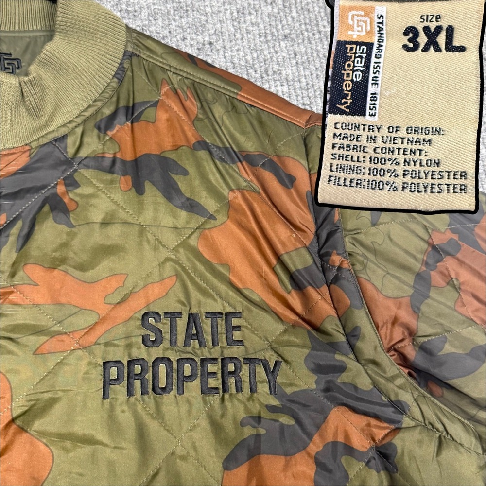 Vintage State Property Mens Olive Quilted Bomber Jacket Camo Reversible‎ 3XL
